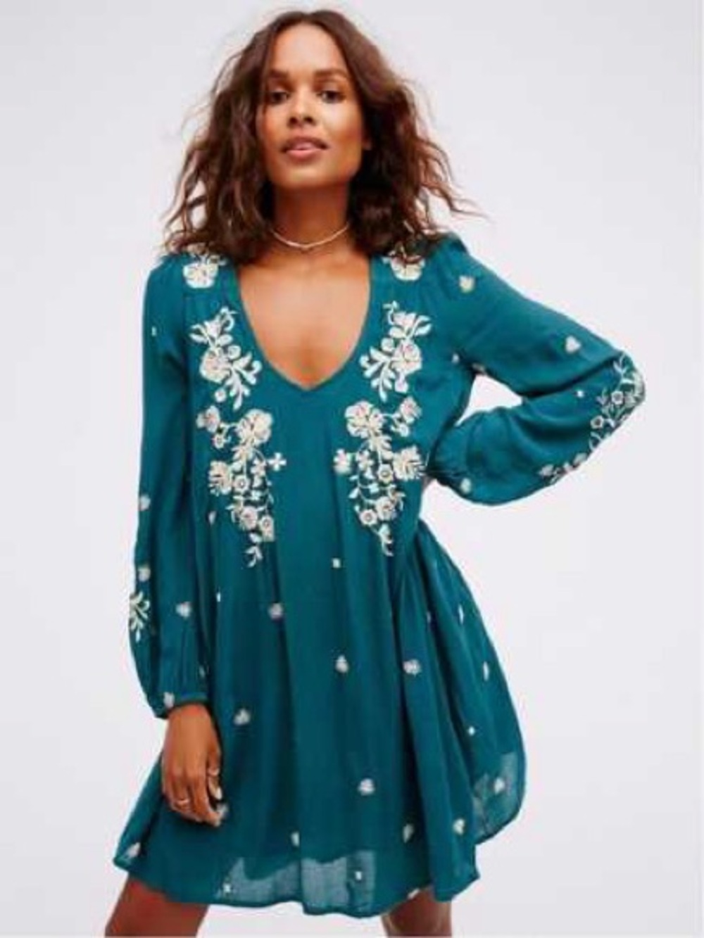 Free People Women’s (M?) Dress Teal Embroidered V-Neck Long Sleeve (no tag size)
